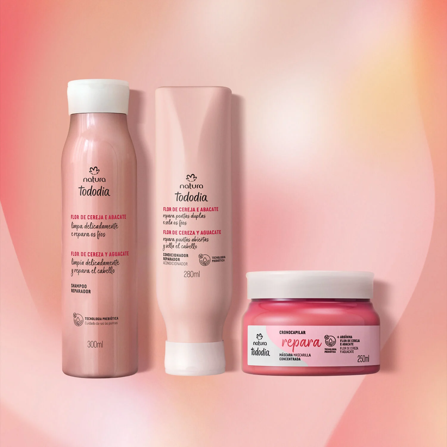 Kit shampoo, acondicionador y mascarilla flor de cereza y aguacate